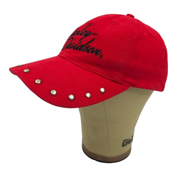 Harley Davidson Embroidered Red Adjustable Tuck Strap Cap Trucker Biker Hat Rive - Picture 2 of 14